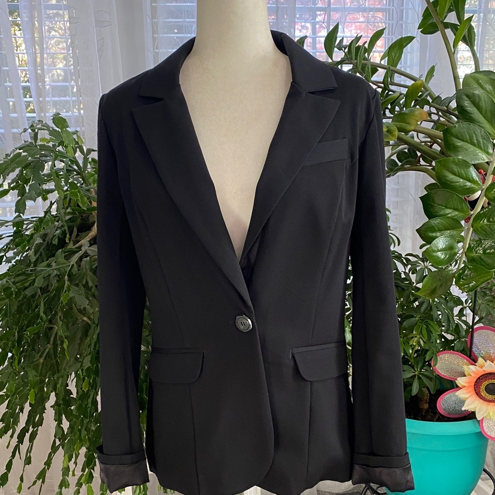Black Fitted One Button Blazer Power Professional Jacket Button Sleeve Chic Boss - Picture 5 of 17